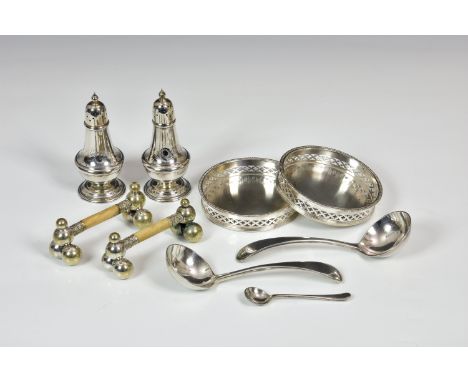 A small collection of silver plate, comprising a pair of small elegant wine coasters with pierced galleries, 3½ (9cm.) diamet