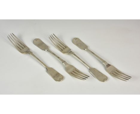 A set of four Victorian silver fiddle pattern table forks, Henry Wilkinson & Co., Sheffield 1870, inscribed with initials 'JW