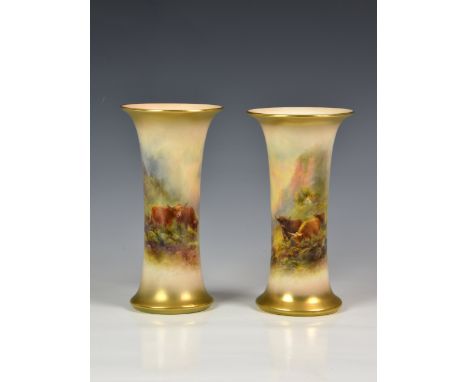 A closely matched pair of Royal Worcester porcelain trumpet vases, shaped no. G923, painted with Highland Cattle in misty hig