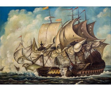 O. Fattori (18th/19th century), A naval engagement oil on canvas, signed lower right, in a 19th century carved giltwood folia