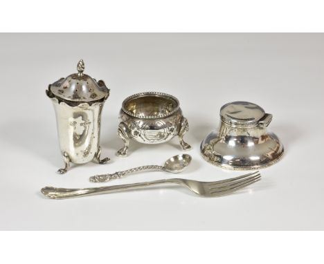 A small collection of silver smalls, comprising a pepper pot by Alexander Clark & Co. Ltd., Birmingham 1920; a salt; a fork; 