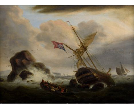 Thomas Luny (British, 1759-1837), A ship foundering off a rocky coastline with survivors in a rowing boat heading for shore o