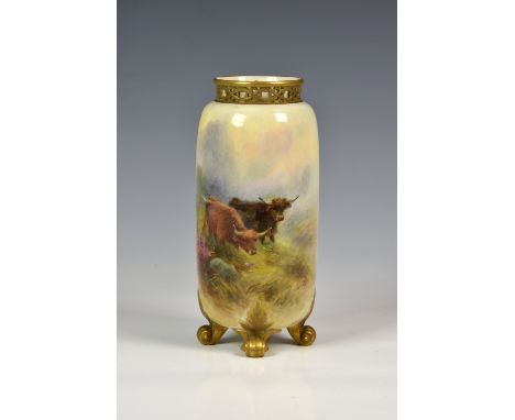 A Royal Worcester porcelain ovoid vase, painted with Highland Cattle in a misty mountainous landscape by Harry Stinton, a lan