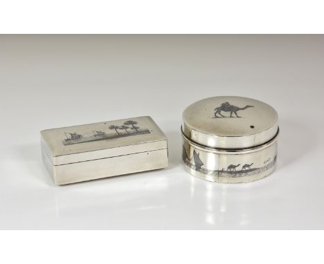Two Middle Eastern white metal niello boxes, comprising a rectangular example, decorated with river boat scenes to underside 