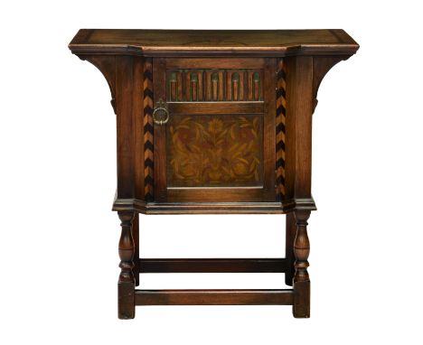 A 20th century stained beechwood breakfront console table by Kittinger, the faux marquetry painted top above a single cupboar