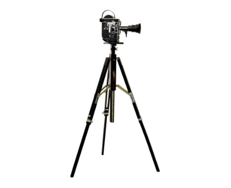 A vintage Bolex H8 (8mm) Reflex cine camera, made in Switzerland, on ebonised wooden tripod, 62½in. (158.7cm.) high when full