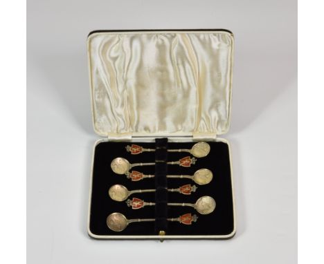 A cased set of six sterling silver and enamel souvenir demitasse spoons, with enamel Norwegian standard, circular bowls engra