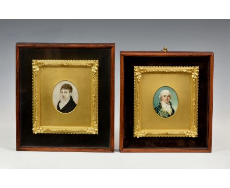 Two 19th century portrait miniatures of gentlemen, oval watercolour on ivory , one of James Hardie, son of William Hardie of 