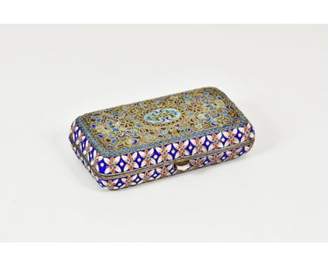 A Russian silver and cloisonné / champlevé enamel snuff box, indistinct 84 standard mark, rectangular form with rounded corne