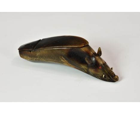 An early Victorian novelty Irish souvenir buffalo horn snuff box, fashioned as a wild boar, with fine detail, bone tusks, red