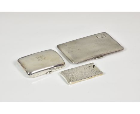 A George VI silver cigarette case, Smith &amp; Bartlam, Birm. 1946, rectangular with clipped corners and engine turned decora