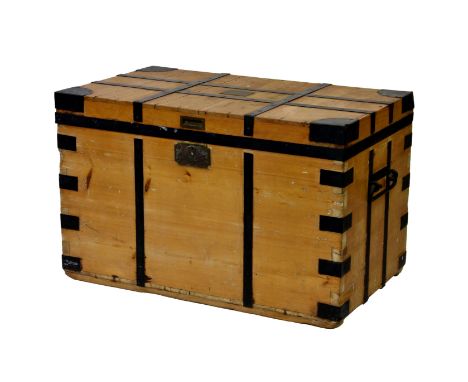 An Army &amp; Navy Co-operative Society Ltd pine seaman's chest, with metal banding and carry handles, the inner section with