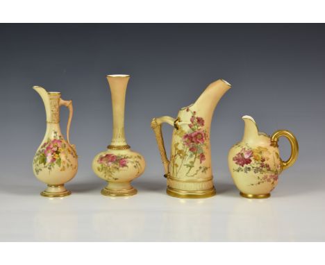 A Royal Worcester blush ivory tusk jug, shape no. 1116, puce printed marks, date code 1895, painted with garden flowers, 7 3/