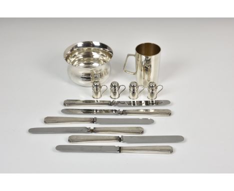 A collection of silver smalls, comprising a miniature tankard by Christopher Nigel Lawrence, London 1975, of slightly taperin