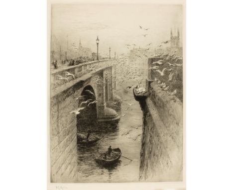 William Lionel Wyllie RA, RI, RE (British, 1851-1931), Old London Bridge and Southwark Cathedral, etching on laid paper, sign