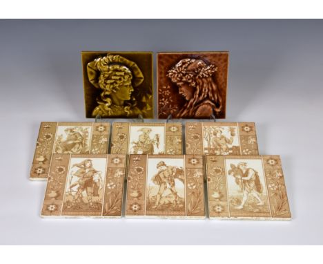 A set of six 19th Century Webbs Tileries of Worcester dust pressed tiles, sepia transfer printed with figures in peasant dres