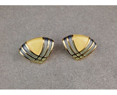 A pair of 18ct gold and enamel ear clips, by Leo De Vroomen, each fan-shaped plaque with a pale yellow guilloché enamel centr