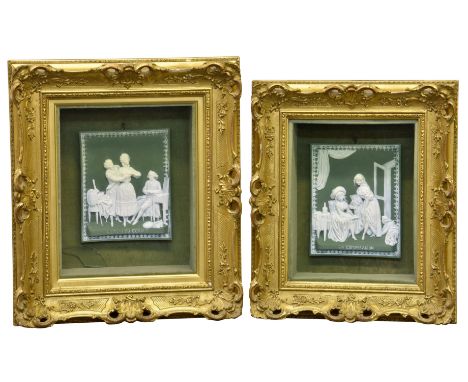 Two pate-sur-pate plaques in gilt frames 'La Comparaison' and 'L'Essai du Corset', French, late 19th century, La Comparaison 