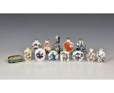 A collection of Chinese snuff bottles, 20th century, including eleven porcelain examples, one figural in the form of Shou Lao