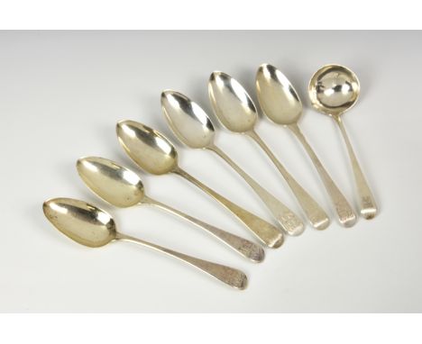 A matched set of six George III silver table spoons, Old English pattern, three by Thomas Wilkes Barker, London 1806; and thr