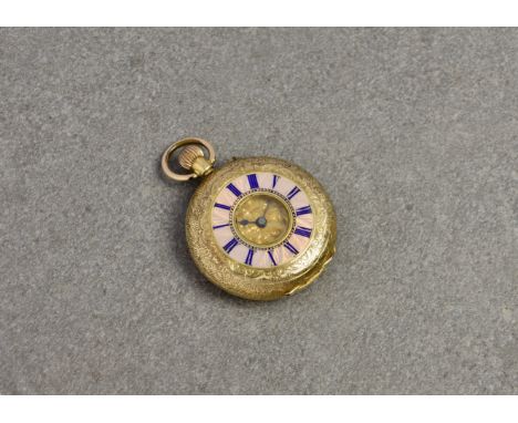 An 18ct gold half hunter fob watch, with fob wind gilt metal lever movement, floral chased gilt Arabic dial, the floral and f