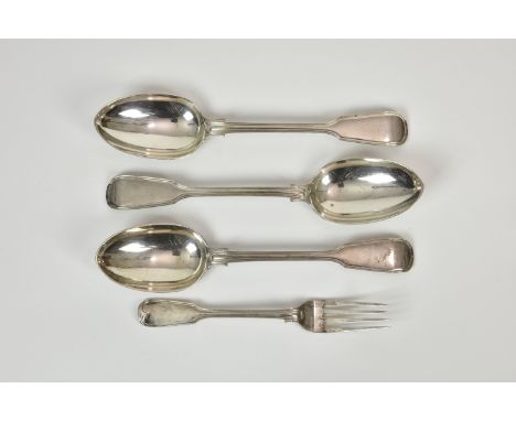 A set of three Edwardian silver fiddle thread table spoons, Carrington & Co., London 1906, no inscriptions, 8¾in. (22.3cm.) l