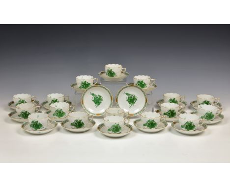 A Herend porcelain part-coffee service, 711/AV, in Apponyi-green Chinese Bouquet pattern, comprising seventeen coffee cups an