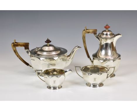 A George V silver four piece tea service, Harrison Brothers & Howson, Sheffield 1930, of tapered circular form with octagonal