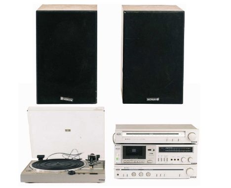 Hitachi HiFi; separates and speakers. Comprising a 'HA-2800' stereo amplifier, 'HT-208' turntable, 'D-E25' cassette deck, 'FT