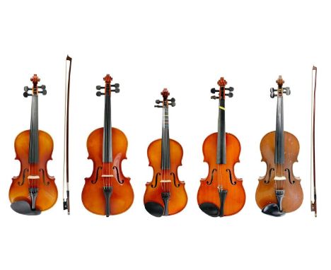 Five violins. Contemporary models, bearing the labels of Skylark, Knight, Stagg, and another that reads 'VG44'. All of the vi