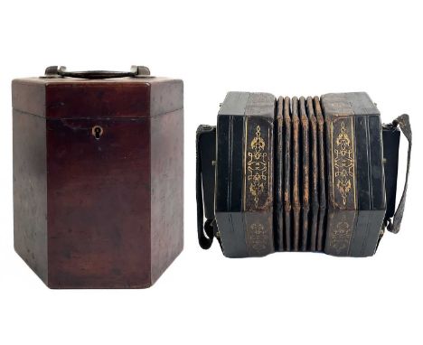 C. Jeffries Anglo concertina, circa 1880. With thirty-nine buttons and six-section leather bellows. The concertina is decorat