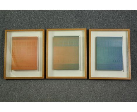 A set of three contemporary framed and glazed abstract fabric artworks. H.61 W.49cm. (each). 