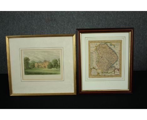 A framed and glazed tinted lithograph of a country house, an 18th century copper engraved map of Yorkshire and a framed engra