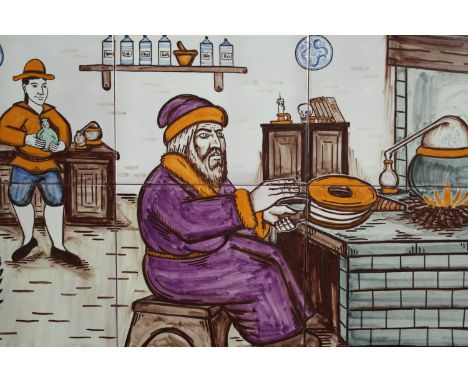 A painted Spanish tile mural of a metal worker and his apprentice. H.40 W.60cm. 