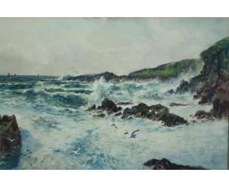 J Hughes Clayton (1891-1929), stormy seascape, signed with gallery label to the reverse. H.51 W.69cm. 