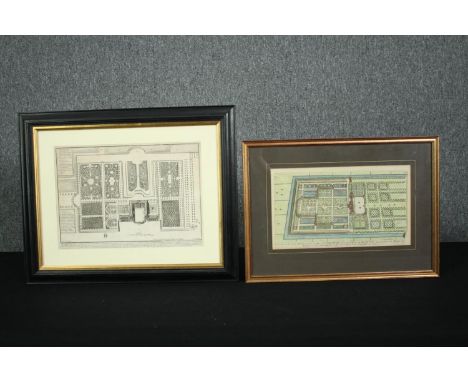 Two 19th century hand coloured lithographs, architectural plans, framed and glazed. H.39 W.49cm. (largest). 