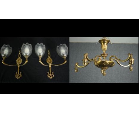 A vintage brass chandelier with spare glass shades and a pair of twin sconce wall lights. H.43 Dia.50cm.