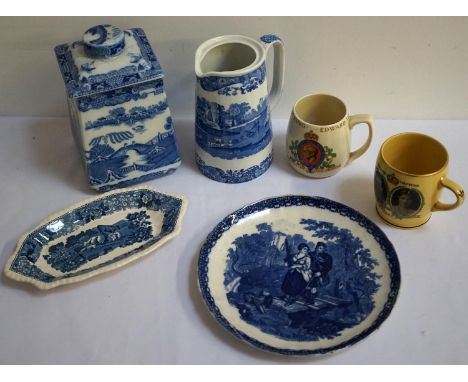 SELECTION OF BLUE AND WHITE CERAMICS
including a Copeland Spode jug and square shaped plate, a shaped serving dish, two Liber