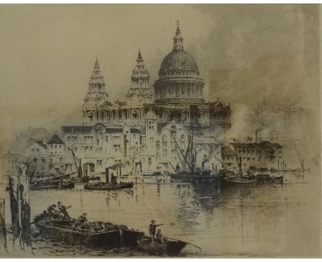 ALBANY E HOWARTH (English, 1872-1936)
St Paul's Cathedral, London, with the Thames, sailing vessels and figures in foreground