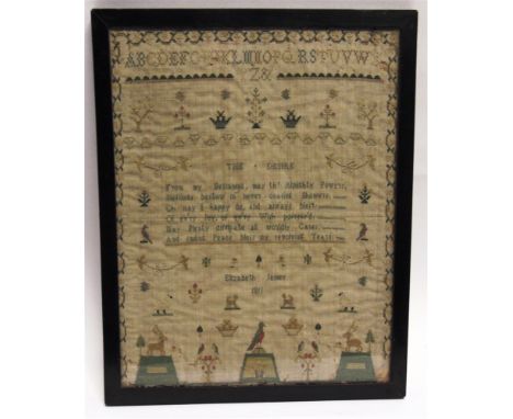 A SAMPLER, BY ELIZABETH JAMES, 1811  incorporating a verse entitled 'The Desire', surrounded by floral, foliate, animal and b