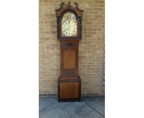 A 19TH CENTURY LONGCASE CLOCK  the enamel dial with Roman numerals and subsidiary seconds and date dials, painted with buildi