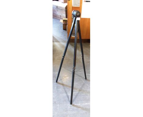 A BLACKSMITH MADE WROUGHT IRON TRIPOD  with integral hanging hook, 118cm high