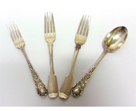 A LATE VICTORIAN SILVER SPOON AND FORK  by G. M. Jackson, London 1894, in the rococo style; with two Georgian silver fiddle p