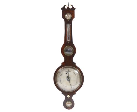 A VICTORIAN ROSEWOOD BANJO BAROMETER/THREMOMETER/HYDROMETER  the 10' silvered dial beneath convex mirror, 107cm high