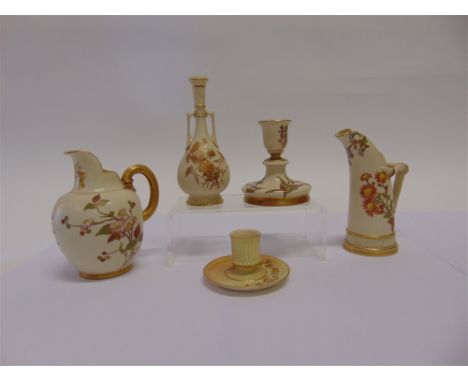 FIVE ROYAL WORCESTER BLUSH IVORY ITEMS:  a  jug pattern 1094, puce printed mark and date code for 1890, 15cm high; a candlest