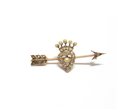 A DIAMOND AND PEARL BAR BROOCH  circa 1900, designed as an arrow piercing a diamond set heart with a pearl to the centre, dia