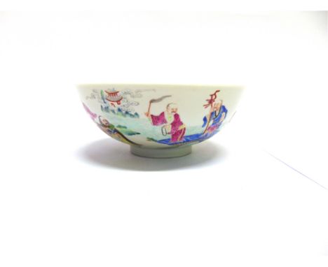 A CHINESE PORCELAIN BOWL  the exterior with polychrome enamel and gilt decoration of a procession of figures, painted six cha