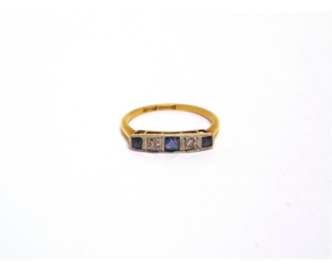 A SAPPHIRE AND DIAMOND FIVE STONE RING  stamped '18ct' and 'Plat', finger size M, 1.9g gross