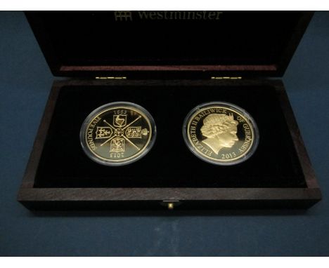 The First and Last Strike of The Guinea Commemorative Gold Crown Set, comprising of two 22ct Gold Five Pounds Coins, Guernsey