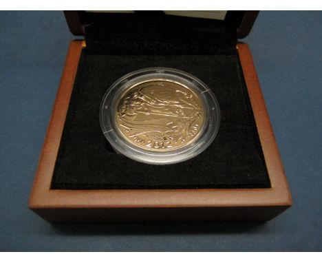 The Royal Mint 2012 Sovereign Five Pounds Brilliant Uncirculated Gold Coin First Strike, certified No.0165, cased.